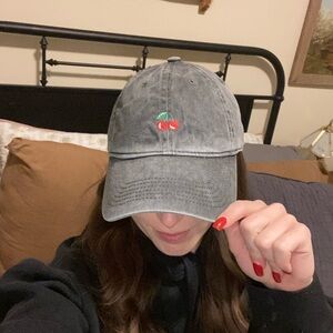 Brandy Melville Gray Red Cherry Graphic Baseball Cap Hat — OS